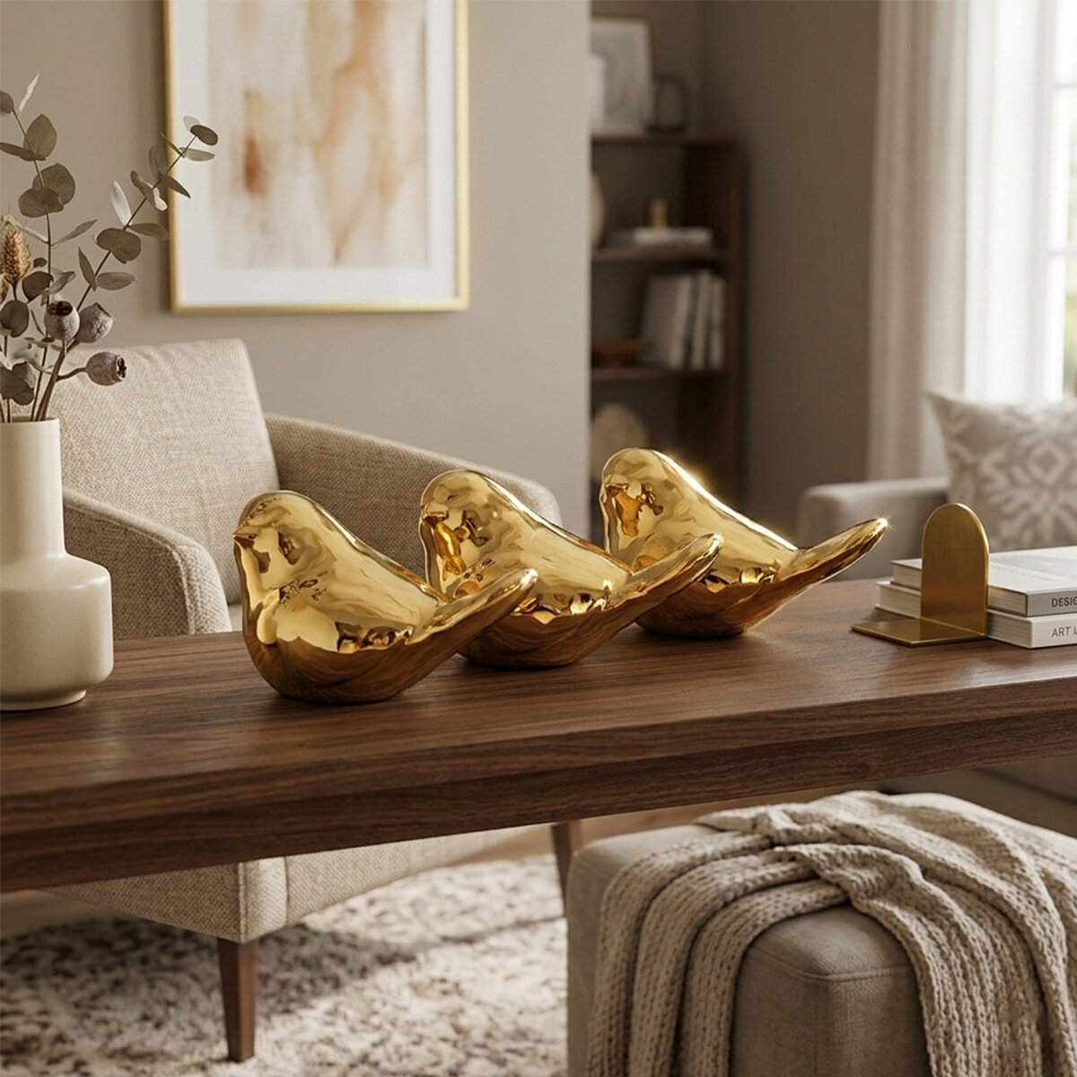 Kuş Tasarımlı Seramik Biblo - Mini Boy - Parlak Altın Renk - Dekoratif Süs