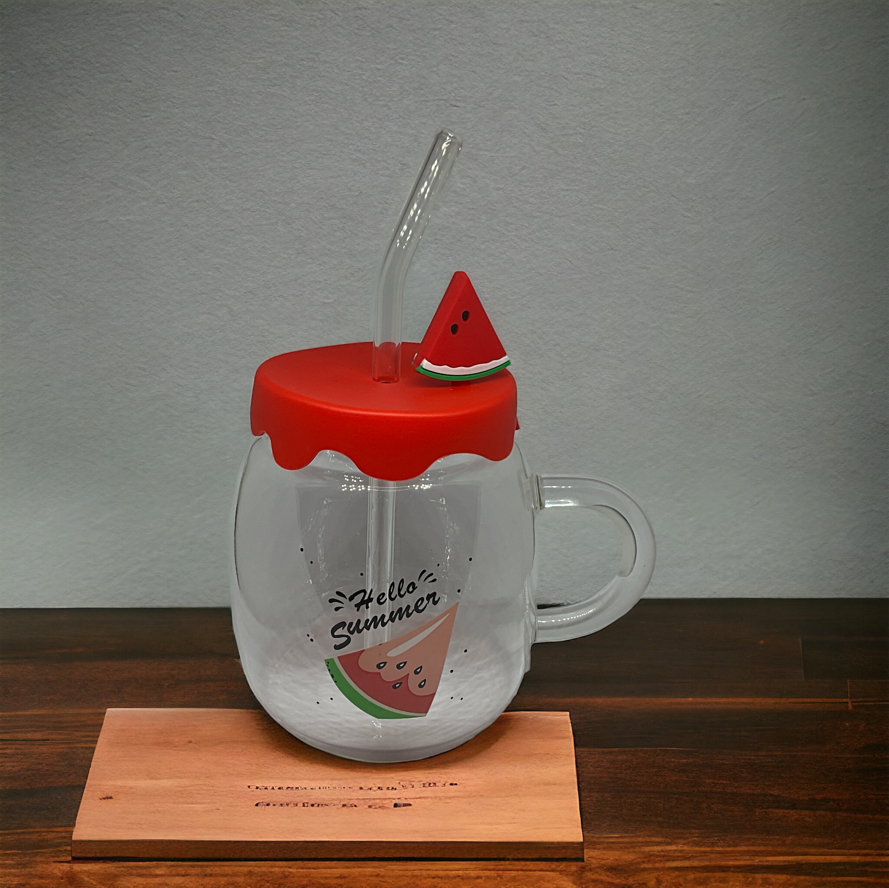 Karpuz Tasarımlı  Cam Kupa Bardak - 450 ml - Silikon Kapaklı - Pipetli