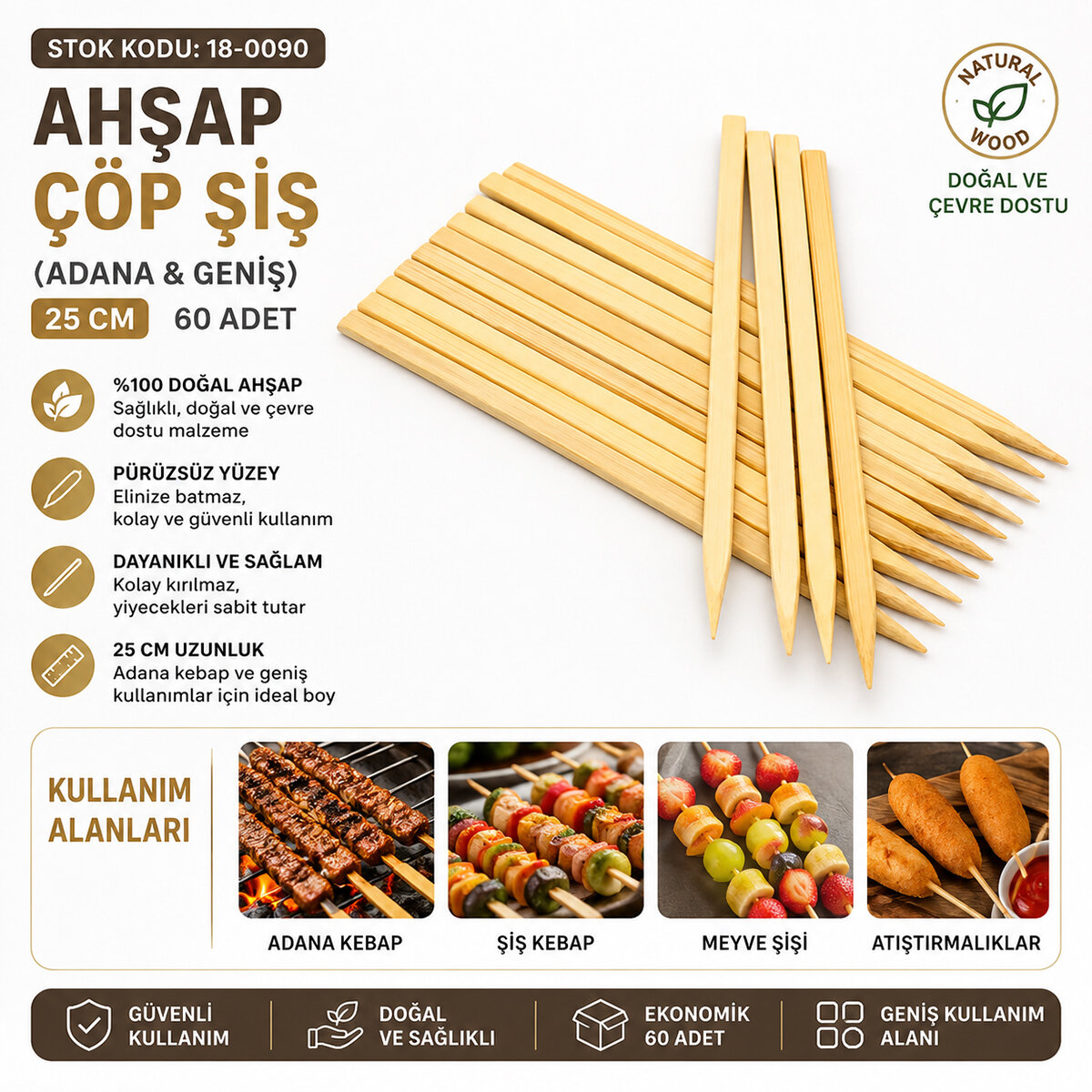 60 Adet Ahşap Geniş Çöp Şiş - Adana Kebap Şişi - 25 cm