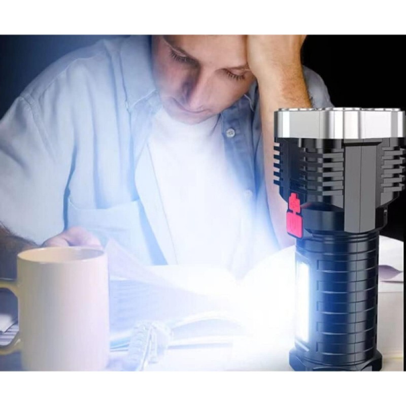USB Şarjlı 4 Modlu Multi LED El Feneri - Akıllı Pil Göstergeli Kamp Avcı Işıldak