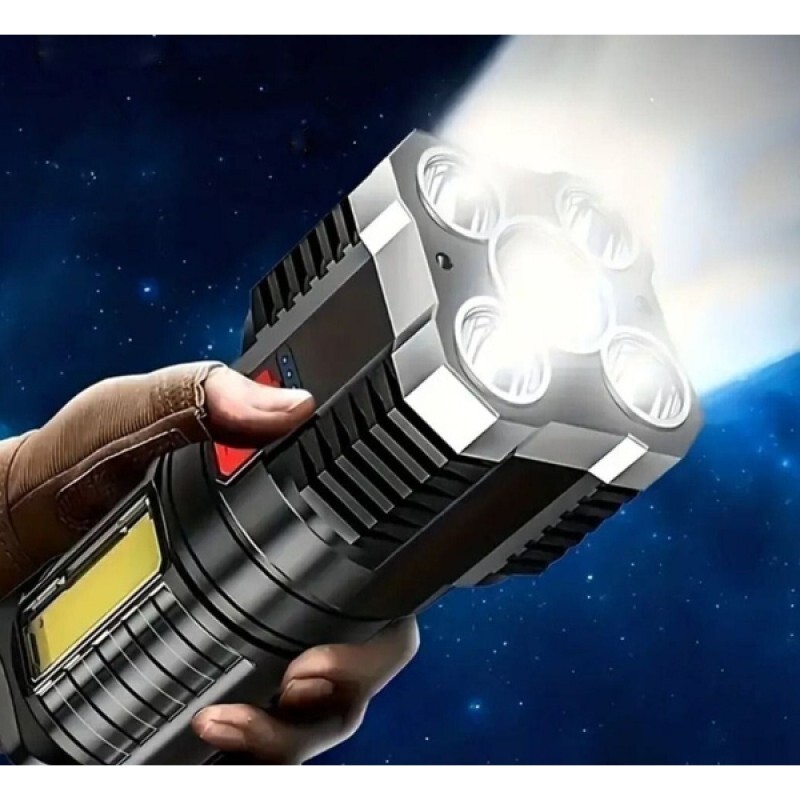 USB Şarjlı 4 Modlu Multi LED El Feneri - Akıllı Pil Göstergeli Kamp Avcı Işıldak