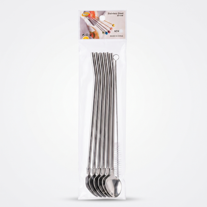 6'lı Kaşıklı Pipet Seti - Metal - Pipet Temizleme Fırçası