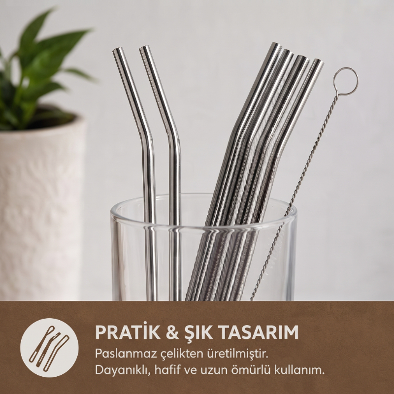 6'lı Kaşıklı Pipet Seti - Metal - Pipet Temizleme Fırçası