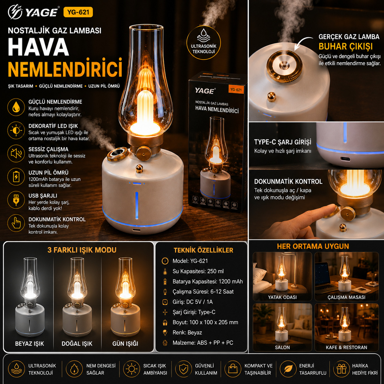 Nostaljik Gaz Lambası Tasarımlı Hava Nemlendirici LED Işıklı USB Şarjlı Dekoratif Buhar Makinesi