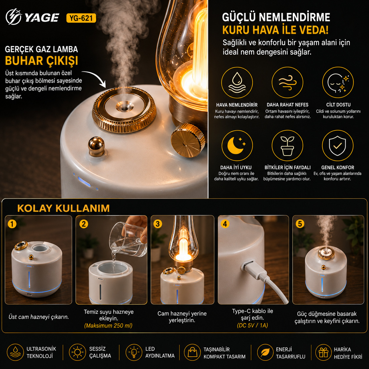 Nostaljik Gaz Lambası Tasarımlı Hava Nemlendirici LED Işıklı USB Şarjlı Dekoratif Buhar Makinesi