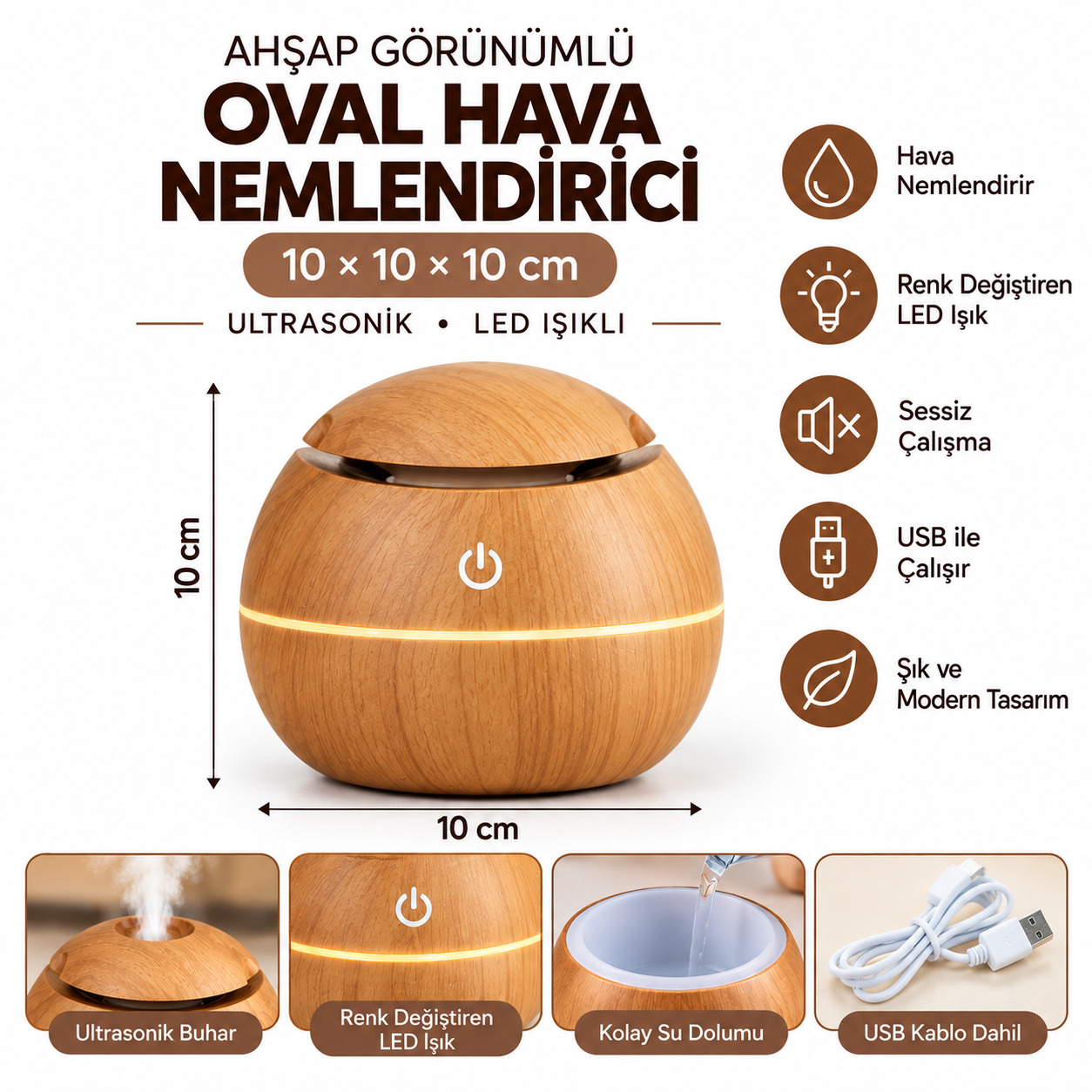 Ahşap Görünümlü Ultrasonik Hava Nemlendirici Aroma Difüzör LED Işıklı USB – OVAL KOYU KAHVE
