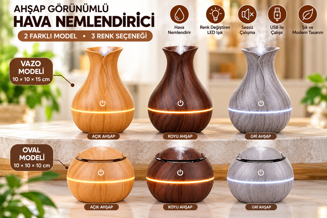 Ahşap Görünümlü Ultrasonik Hava Nemlendirici Aroma Difüzör LED Işıklı USB – OVAL KOYU KAHVE