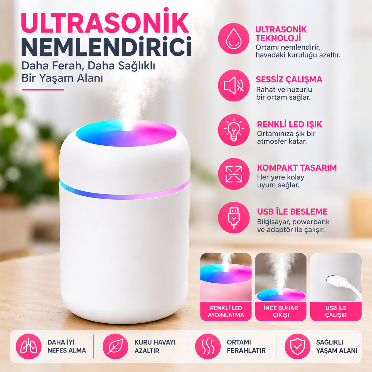Ultrasonik Hava Nemlendirici Renkli LED Işıklı USB Mini Masaüstü Buhar Makinesi-Gri