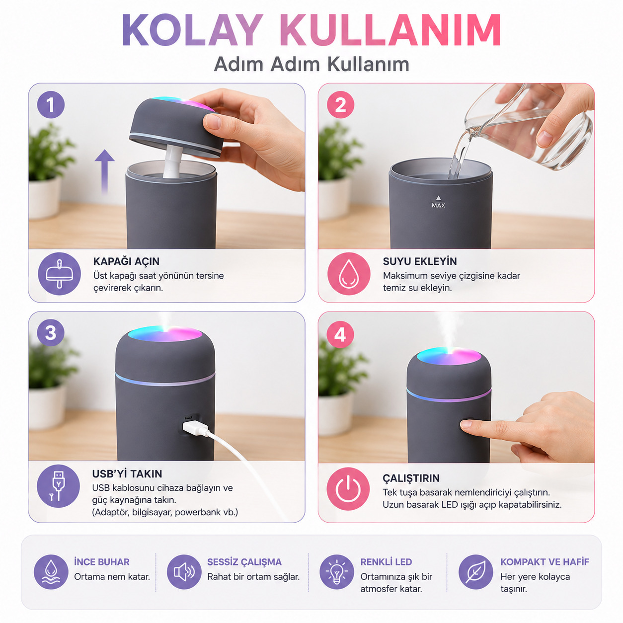 Ultrasonik Hava Nemlendirici Renkli LED Işıklı USB Mini Masaüstü Buhar Makinesi-Gri